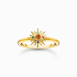 Outlet Bague arborant un soleil et des gemmes multicolores dorée Femme Bagues|Placage Or 18 Carats - Argent 925