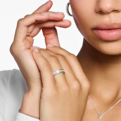 Shop Bague avec pierres blanches pavé argent Femme Bagues