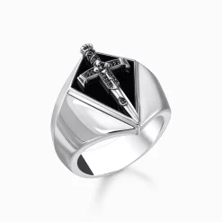 Cheap Bague chevalière en argent noirci avec zircon noir Femme Bagues|Argent 925