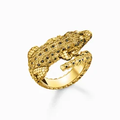 Discount Bague crocodile dorée ornée de gemmes noires et vertes Femme Bagues|Placage Or 18 Carats - Argent 925