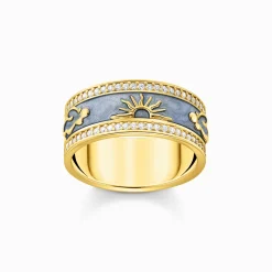 Discount Bague dorée bleue avec symboles cosmiques Femme Bagues|Placage Or 18 Carats - Argent 925