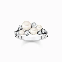 Outlet Bague perles avec pierres blanches argent Femme Bagues