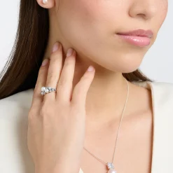 Outlet Bague perles avec pierres blanches argent Femme Bagues