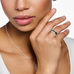 Fashion Bague ruban avec pierres noires pavé argent Femme Bagues
