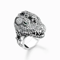 Clearance Bague tête de crocodile, argent noirci et gemmes noires et vertes Femme Bagues|Bagues
