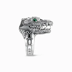 Clearance Bague tête de crocodile, argent noirci et gemmes noires et vertes Femme Bagues|Bagues