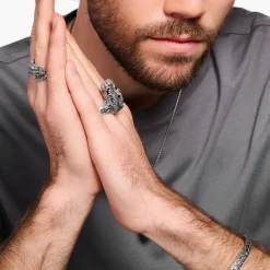 Clearance Bague tête de crocodile, argent noirci et gemmes noires et vertes Femme Bagues|Bagues