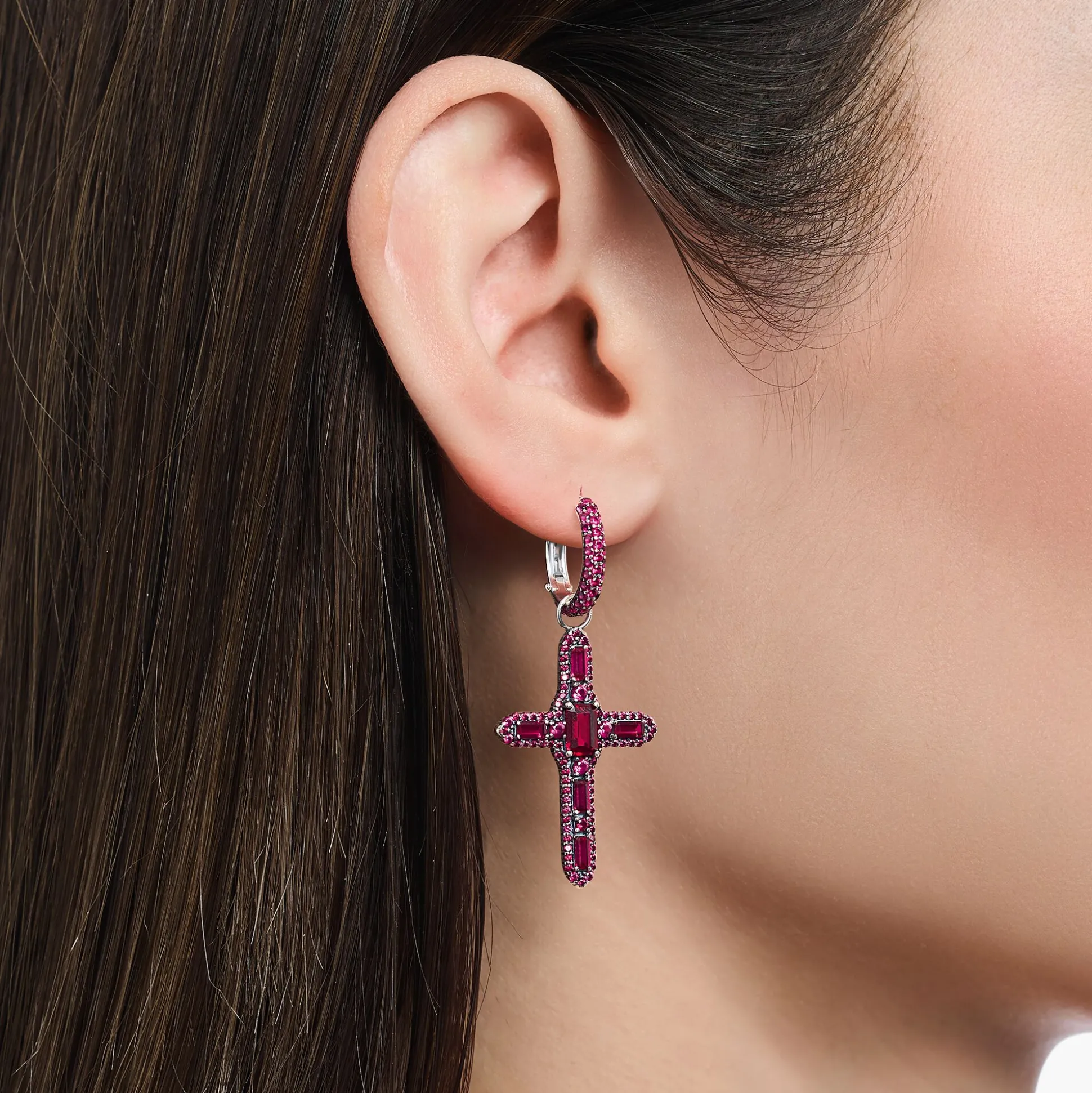 Clearance Boucle d'oreille simple croix noircie en argent avec pierres rouges rubis Femme Créoles|Argent 925