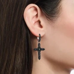 Store Boucle d'oreille simple croix noircie en argent avec zircon noir Femme Créoles|Argent 925