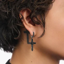 Store Boucle d'oreille simple croix noircie en argent avec zircon noir Femme Créoles|Argent 925