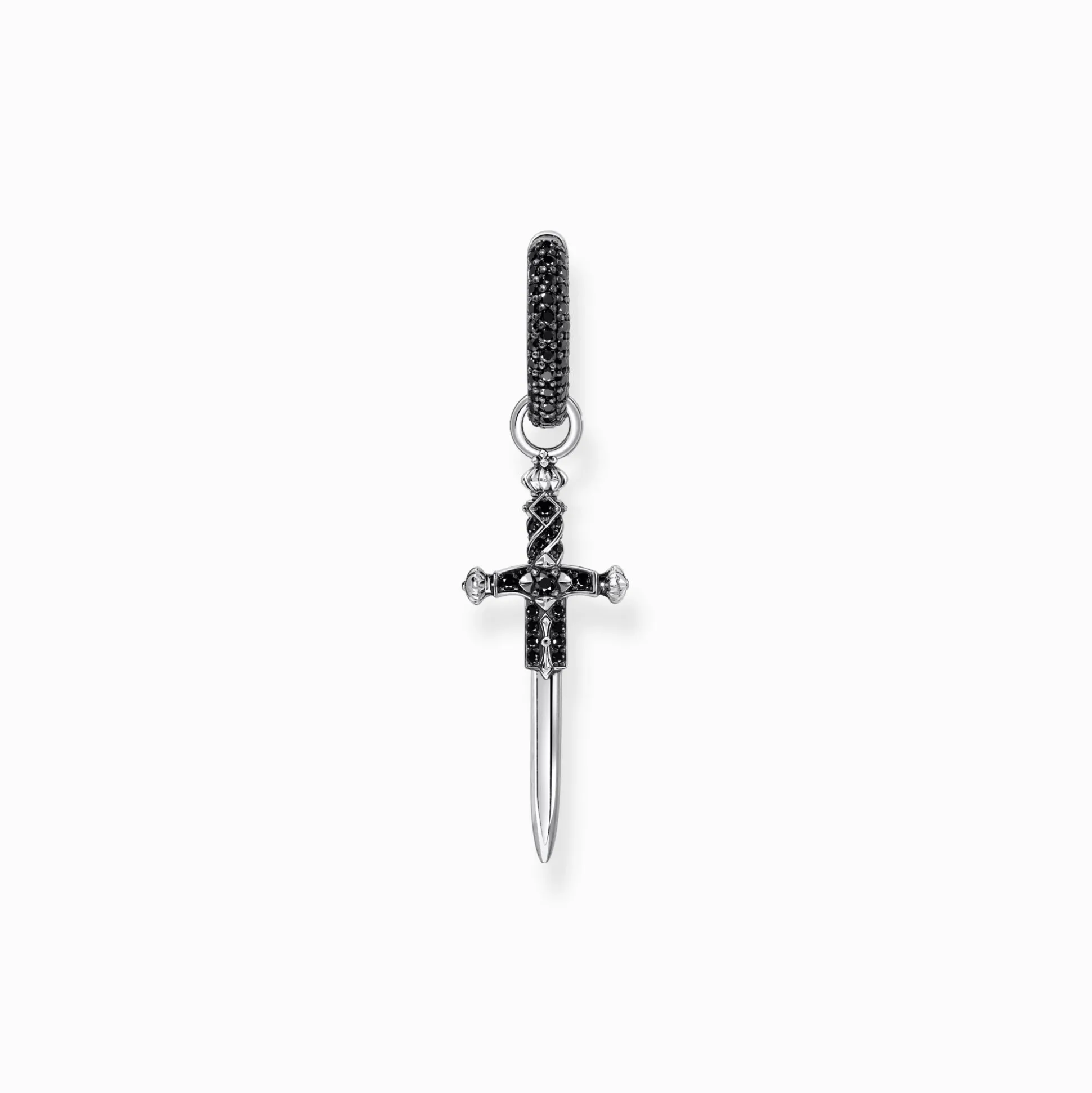 New Boucle d'oreille simple en argent noirci avec épée et pierres noires Femme Créoles|Argent 925