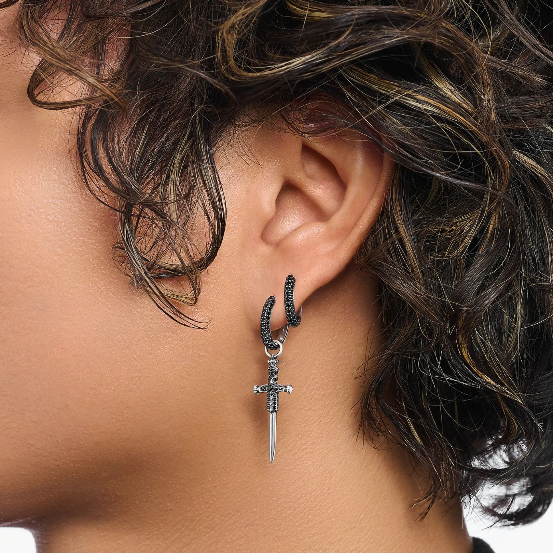 Cheap Boucles d'oreilles en argent avec pavé de zirconium noir Femme Créoles|Argent 925