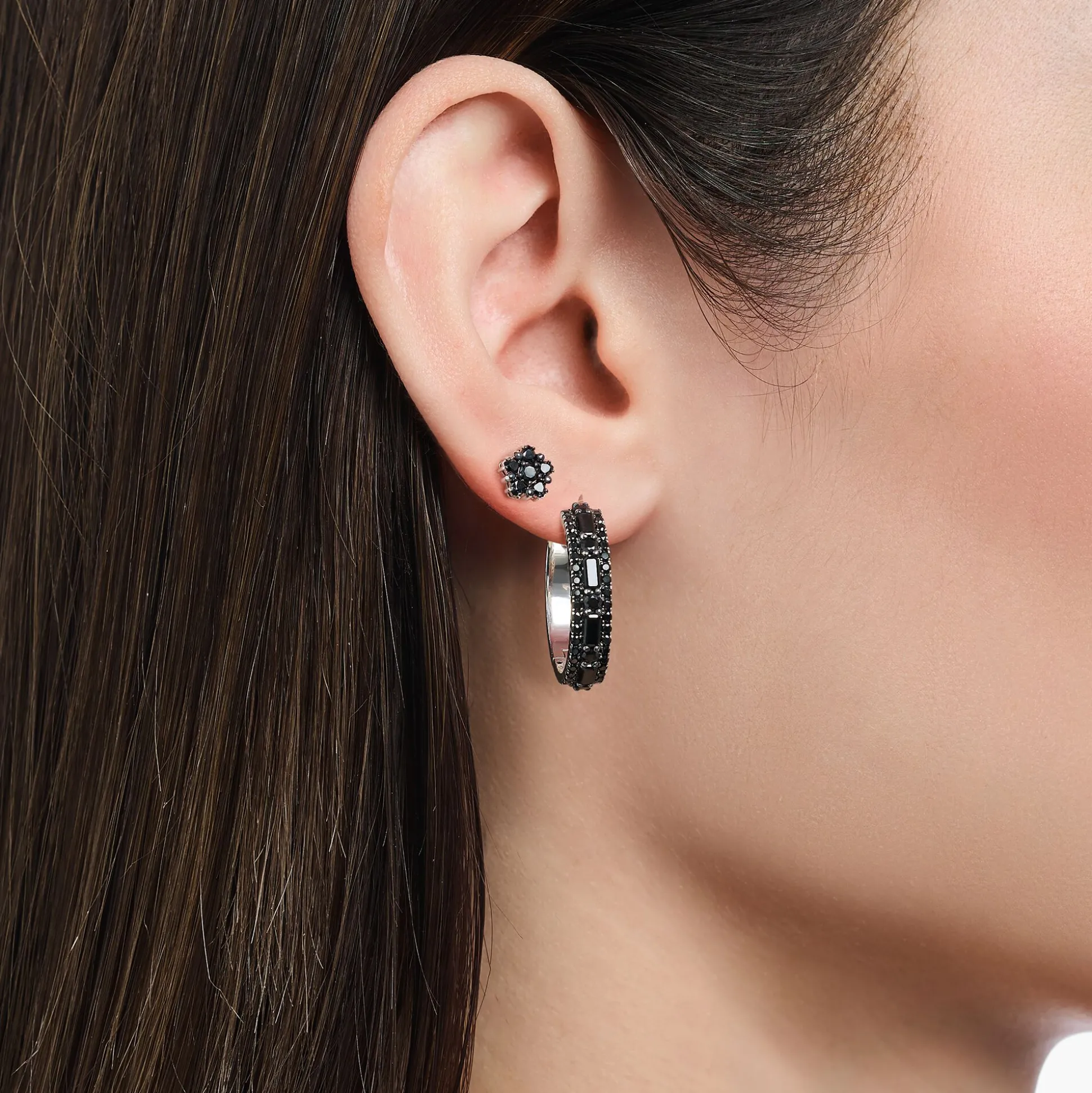 Cheap Boucles d'oreilles en argent noirci avec zircon noir Femme Créoles|Argent 925