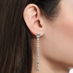 Online Boucles d'oreilles longues en argent avec zircon blanc Femme Boucles D'oreilles|Argent 925