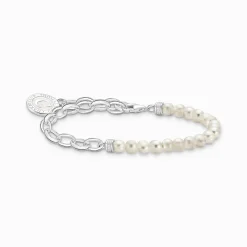 Cheap Bracelet Charm avec perles blanches et médaille argent Femme Charm Bracelets|Charm Bracelets