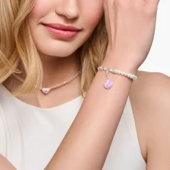 Cheap Bracelet Charm avec perles blanches et médaille argent Femme Charm Bracelets|Charm Bracelets