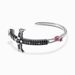New Bracelet en argent noirci avec pierres noires et rouges Femme Joncs Et Manchettes|Argent 925