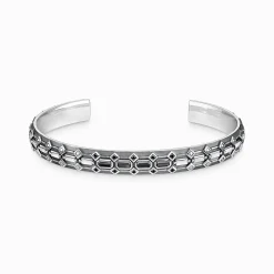 Shop Bracelet rigide écailles de crocodile, argent noirci et gemmes noires Femme Joncs Et Manchettes|Joncs Et Manchettes