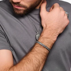 Shop Bracelet rigide écailles de crocodile, argent noirci et gemmes noires Femme Joncs Et Manchettes|Joncs Et Manchettes