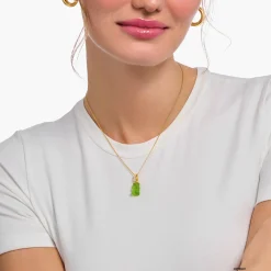 Best Chaîne avec breloque Ours d’or vert et pierres, dorée Femme Chaînes & Colliers|Placage Or 18 Carats - Argent 925