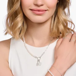 Online Chaîne Charmavec perles blanches et Coin argent Femme Charm Chaînes|Charm Chaînes
