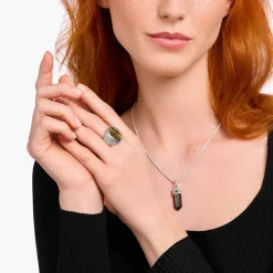 Discount Chevalière sertie d’œil de tigre bleu et or, argent noirci Femme Bagues|Bagues