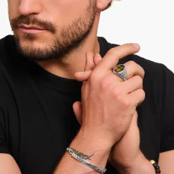 Discount Chevalière sertie d’œil de tigre bleu et or, argent noirci Femme Bagues|Bagues