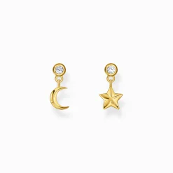 Store Clous d’oreilles avec pendentif lune et étoile et gemmes blanches, dorés Femme Clous D'oreilles|Placage Or 18 Carats - Argent 925