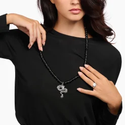 Fashion Collier argent noirci, perles d'obsidienne avec pendentif dragon Femme Chaînes & Colliers|Argent 925