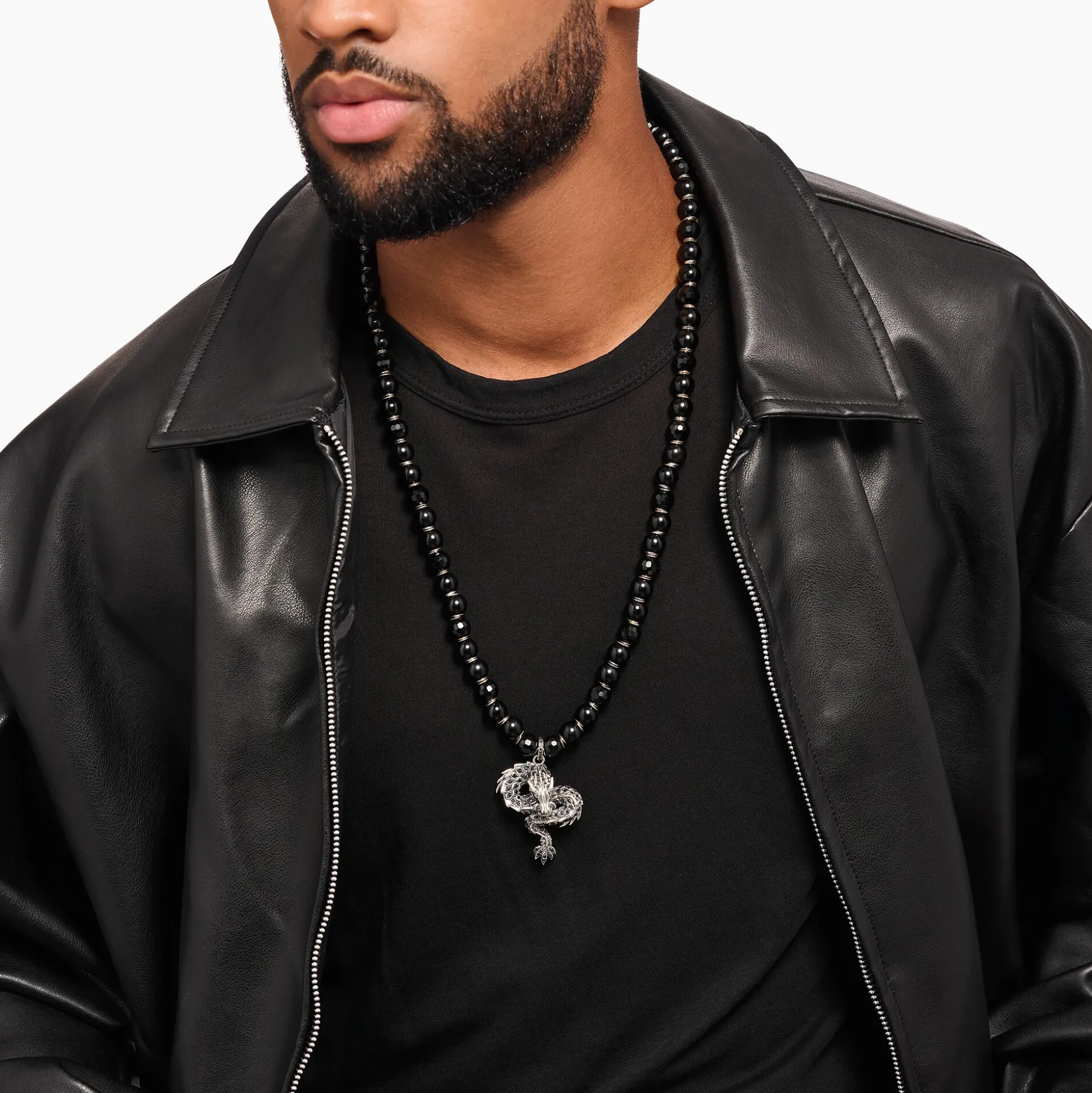 Fashion Collier argent noirci, perles d'obsidienne avec pendentif dragon Femme Chaînes & Colliers|Argent 925