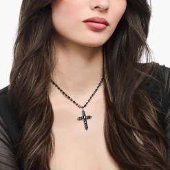 Store Collier en argent avec pendentif croix et zircon noir Femme Chaînes & Colliers|Argent 925