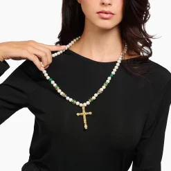 Outlet Collier plaqué or composé de différentes perles avec pendentif en forme de croix Femme Chaînes & Colliers|Chaînes & Colliers