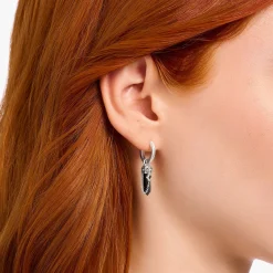 Best Sale Créole individuelle à breloque en onyx et chaînette, argent noirci Femme Créoles|Clous D’oreilles & Créoles