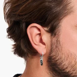 Hot Créole individuelle à breloque en œil de tigre bleu et or, argent noirci Femme Créoles|Clous D’oreilles & Créoles