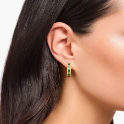 Flash Sale Créoles écailles de crocodile dorées ornée de gemmes vert émeraude Femme Créoles|Placage Or 18 Carats - Argent 925
