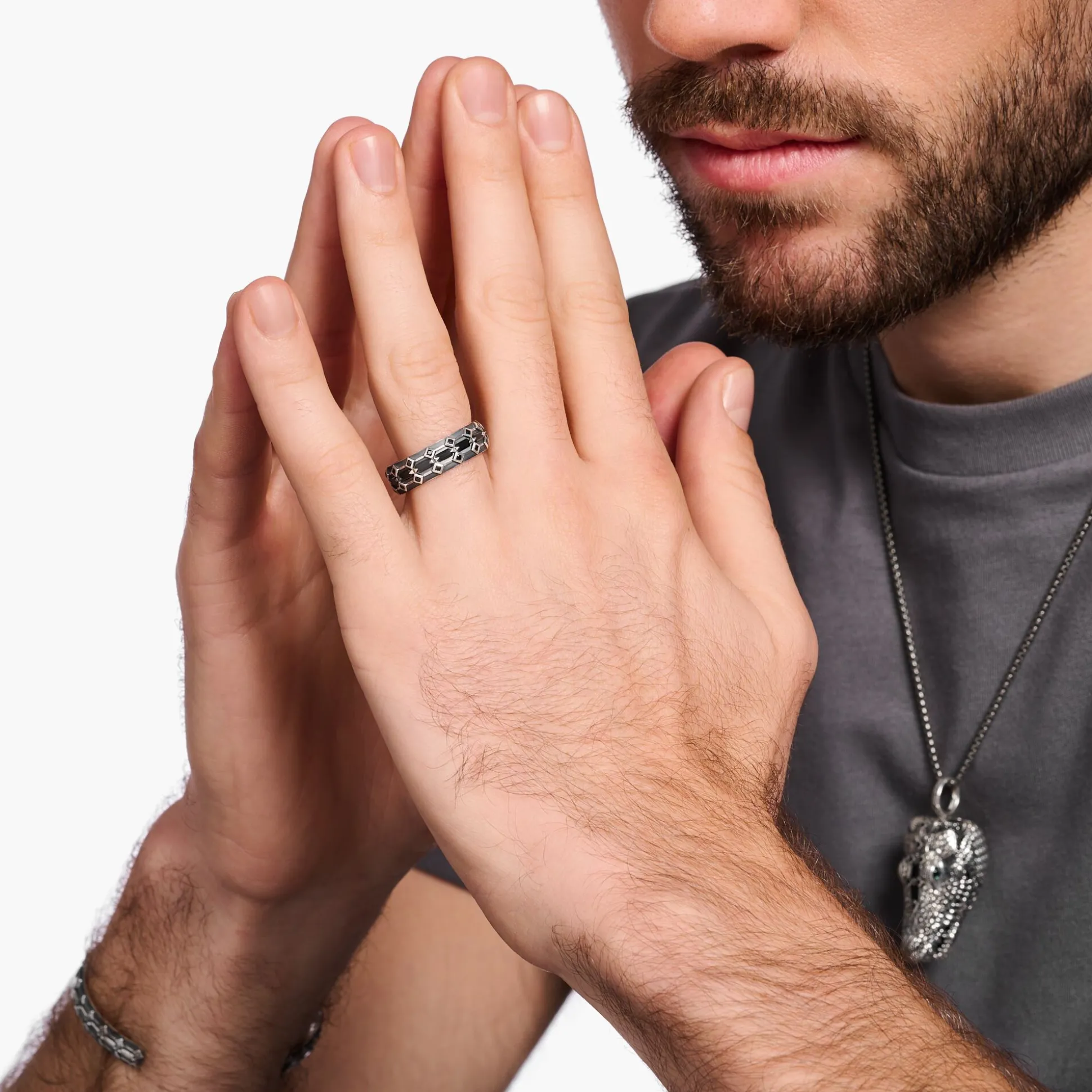 Cheap Large bague écailles de crocodile, argent noirci et gemmes noires Femme Bagues|Bagues