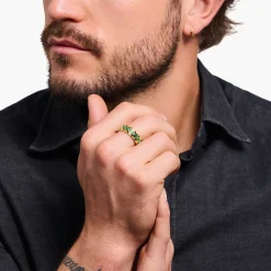 Best Large bague écailles de crocodile dorée ornée de gemmes vert émeraude Femme Bagues|Placage Or 18 Carats - Argent 925