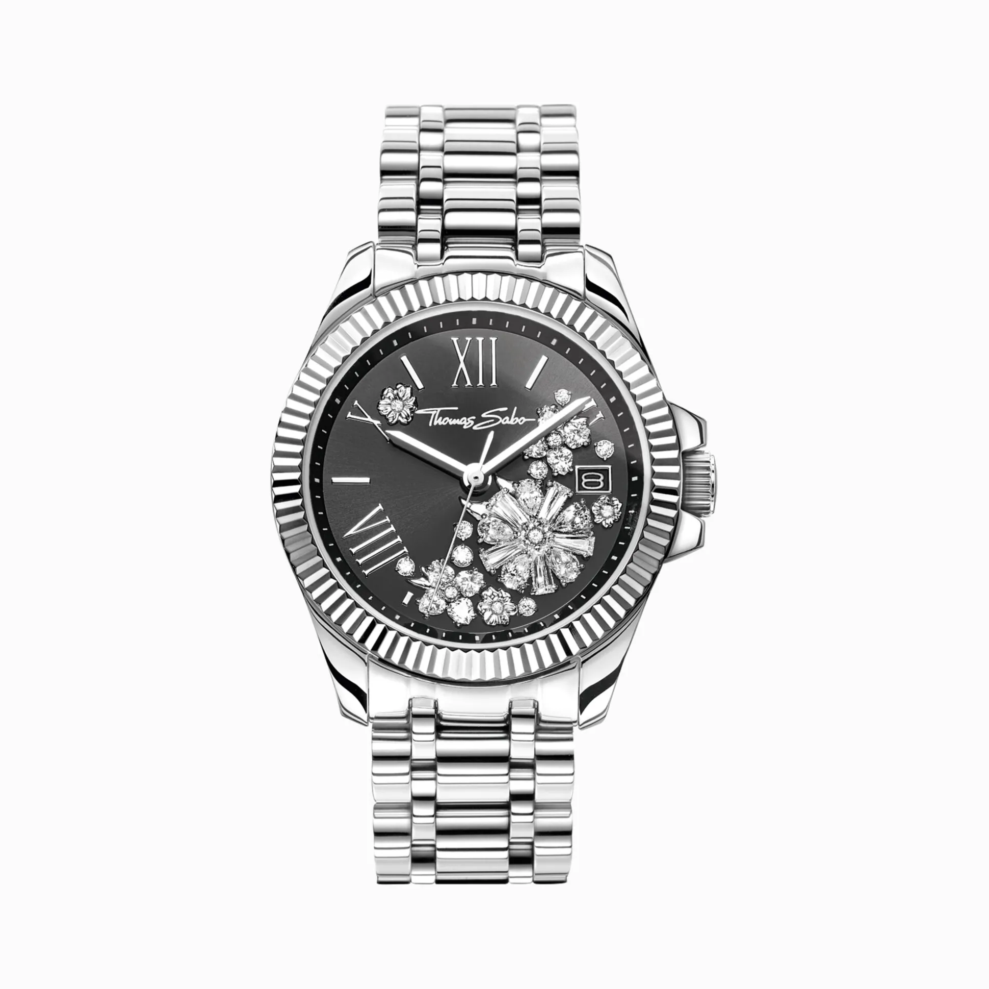 Sale Montre de femme en argent avec 33 mm, cadran noir et fleurs blanches Femme Montres|Montres Pour Femmes