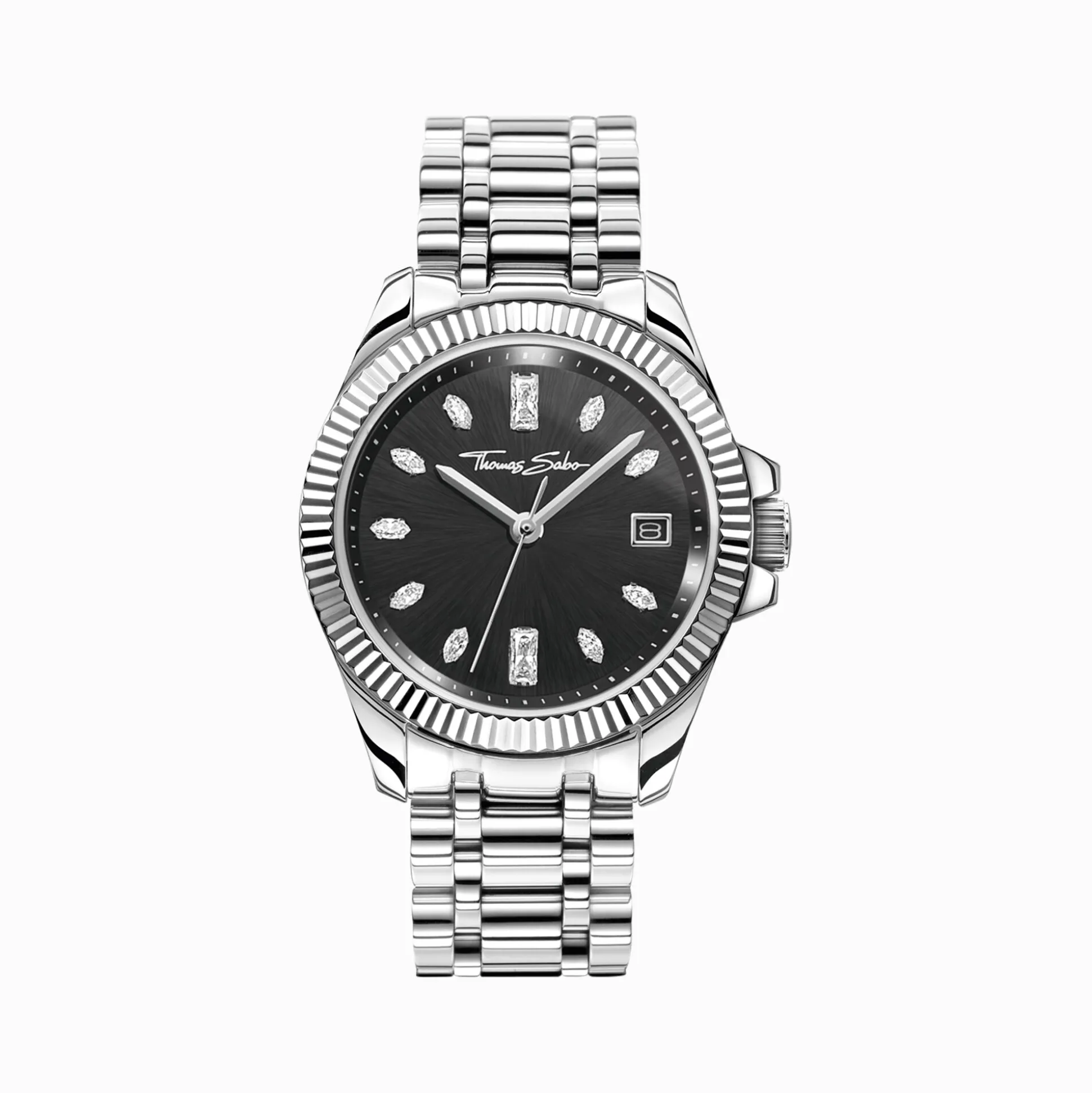 Outlet Montre pour femme Divine Silver avec cadran noir et pierres blanches argent Femme Montres|Montres Pour Femmes