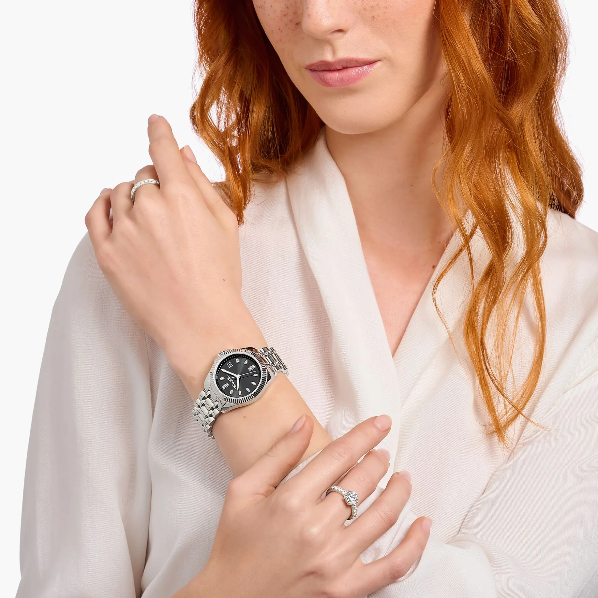 Outlet Montre pour femme Divine Silver avec cadran noir et pierres blanches argent Femme Montres|Montres Pour Femmes