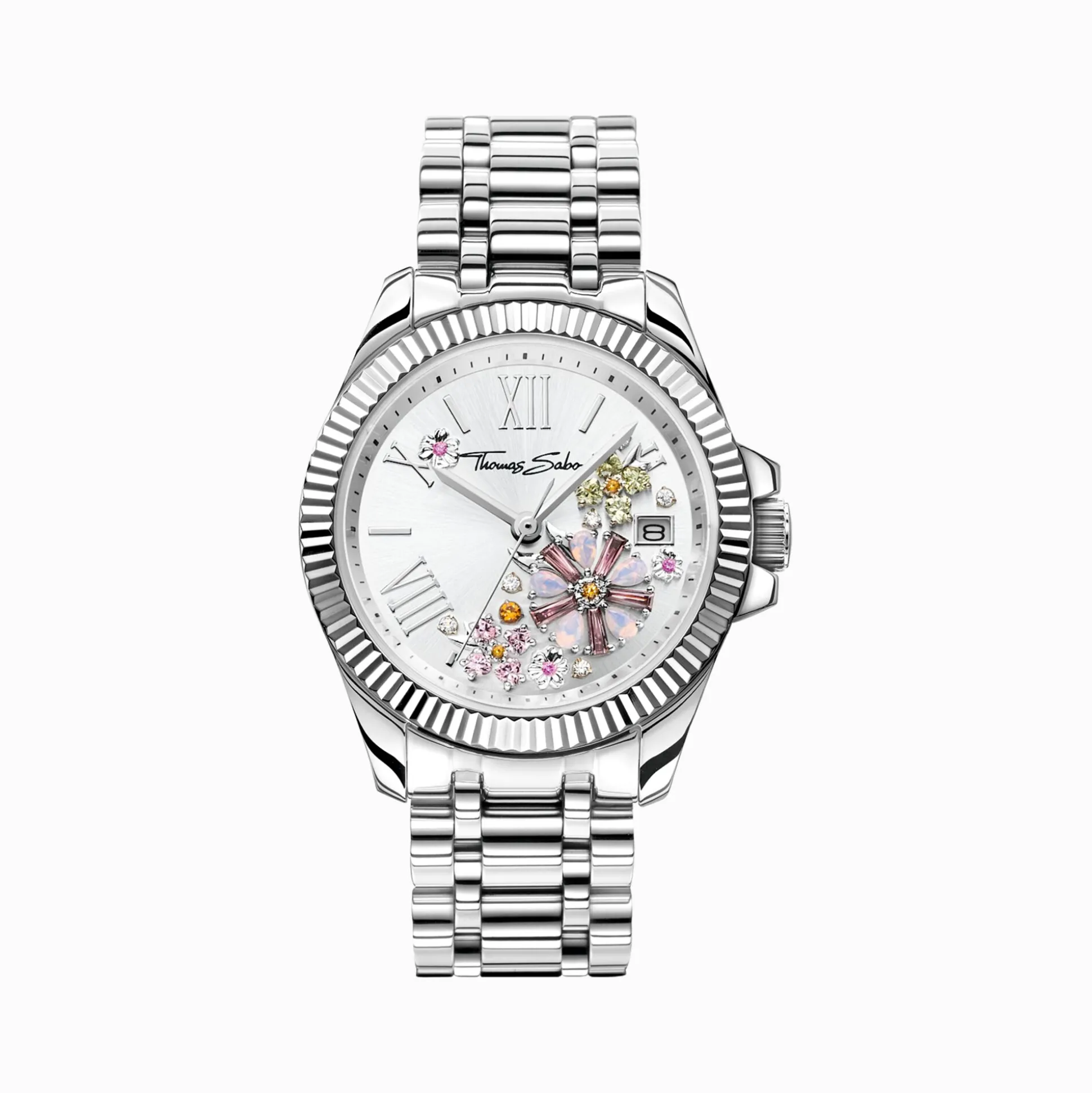 Shop Montre pour femme fleurs en pierres pastel argenté Femme Montres|Montres Pour Femmes