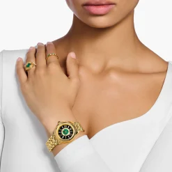 Sale Montre pour femme Mystic Island avec pierres blanches et malachite verte couleur or Femme Montres|Montres Pour Femmes