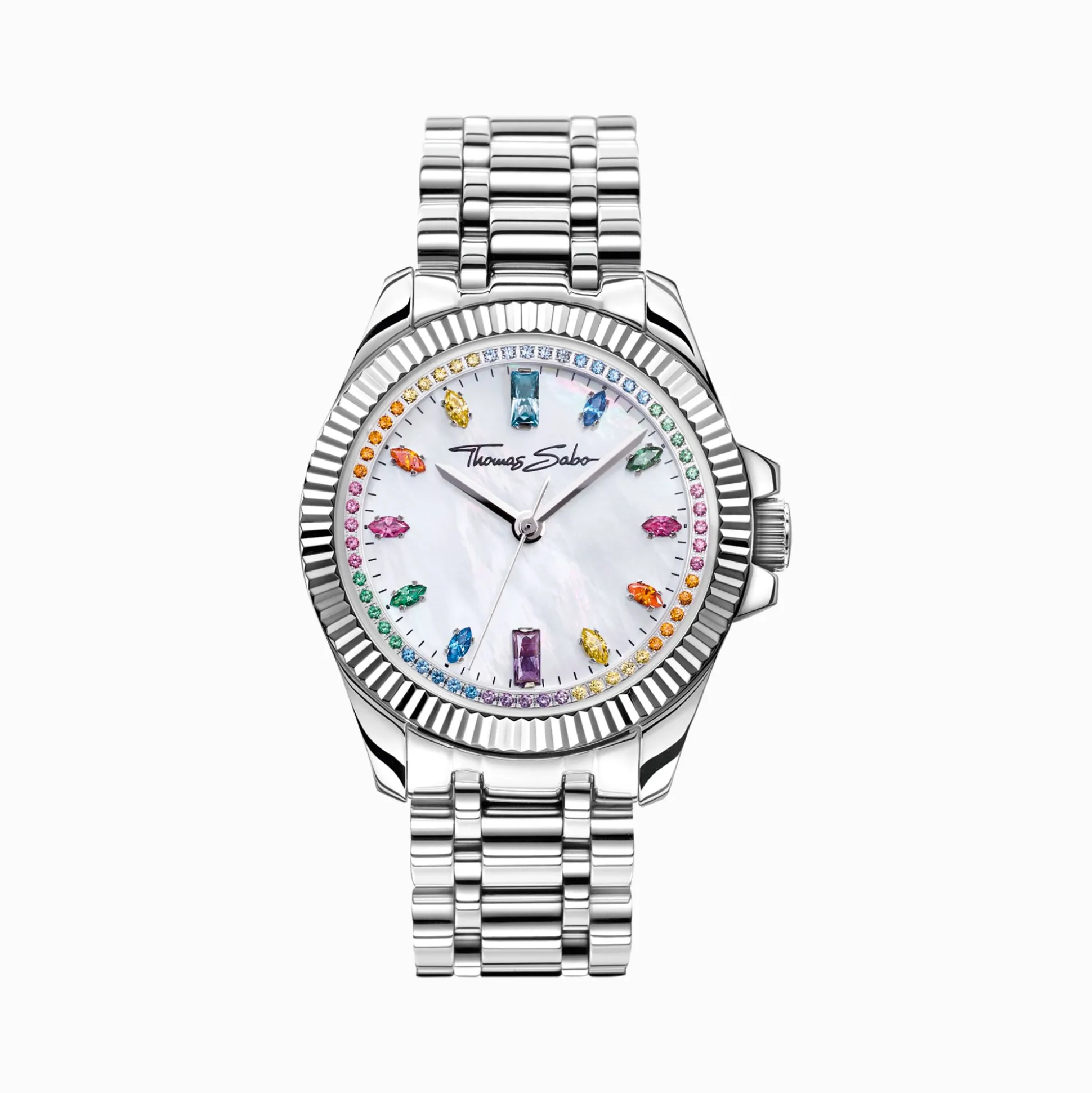 Hot Montre pour femmes DivineRainbow, placage argenté et gemmes multicolores. Femme Montres|Montres Pour Femmes