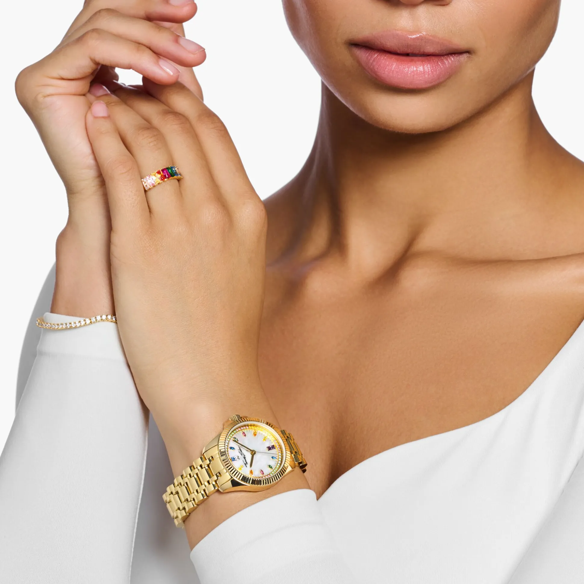 Hot Montre pour femmes DivineRainbow, placage doré et gemmes multicolores Femme Montres|Montres Pour Femmes