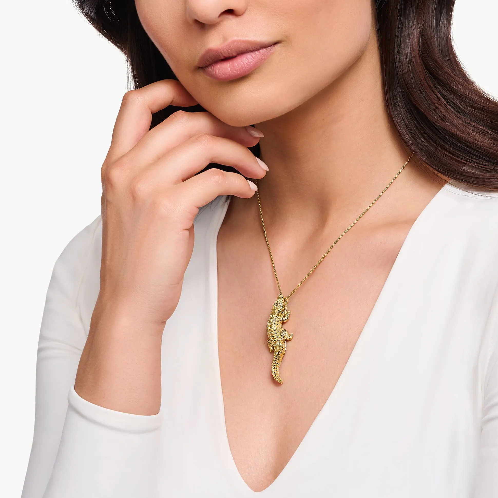 Cheap Pendentif crocodile doré orné de gemmes noires Femme Pendentifs|Placage Or 18 Carats - Argent 925