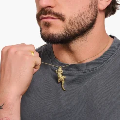Cheap Pendentif crocodile doré orné de gemmes noires Femme Pendentifs|Placage Or 18 Carats - Argent 925