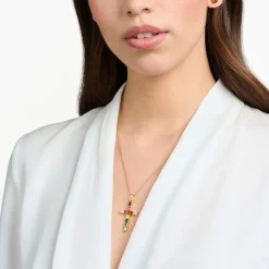 New Pendentif croix avec pierres multicolore plaqué or Femme Chaînes & Colliers|Pendentifs