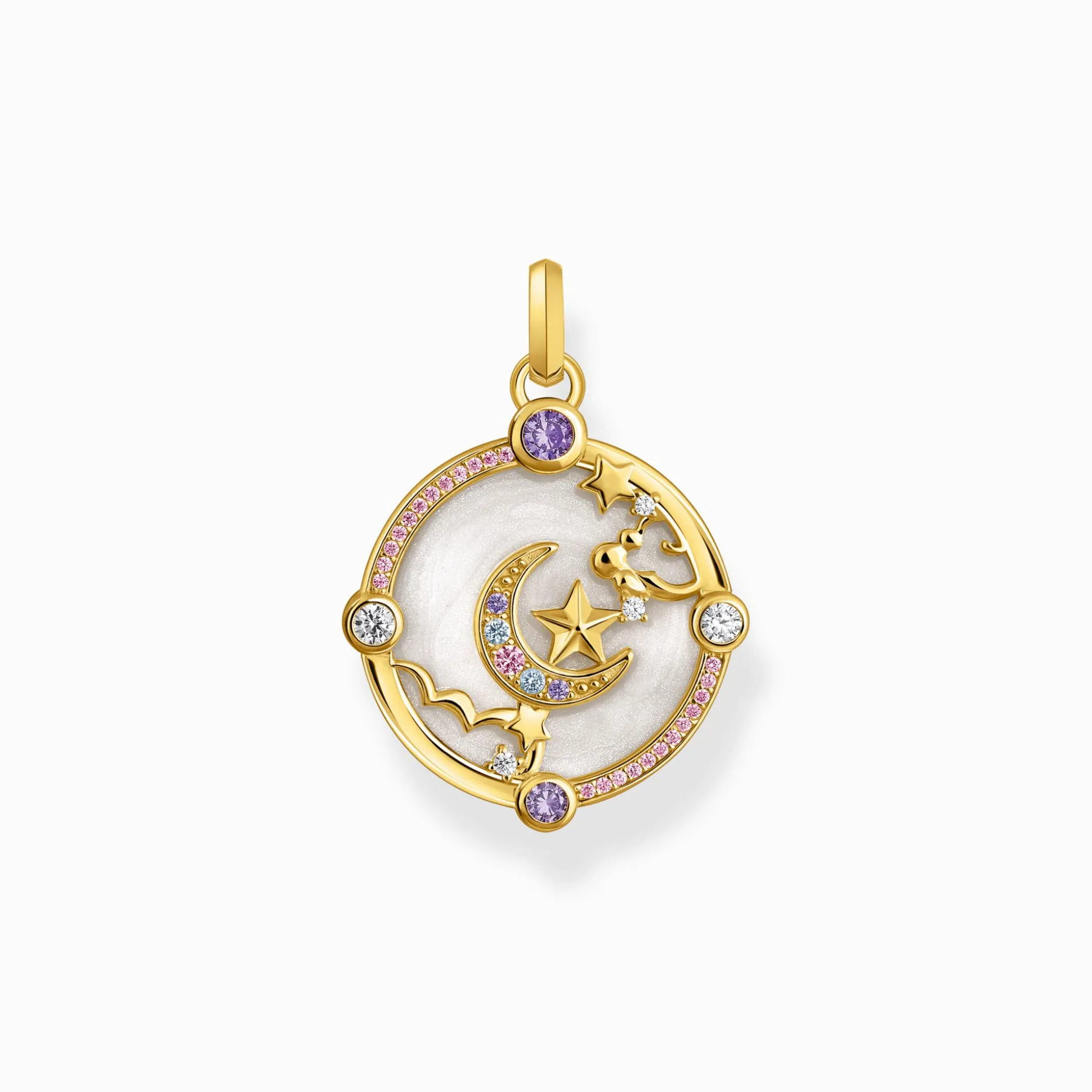 New Petit pendentif avec croissant de lune et pierres multicolores plaqué or Femme Pendentifs|Placage Or 18 Carats - Argent 925