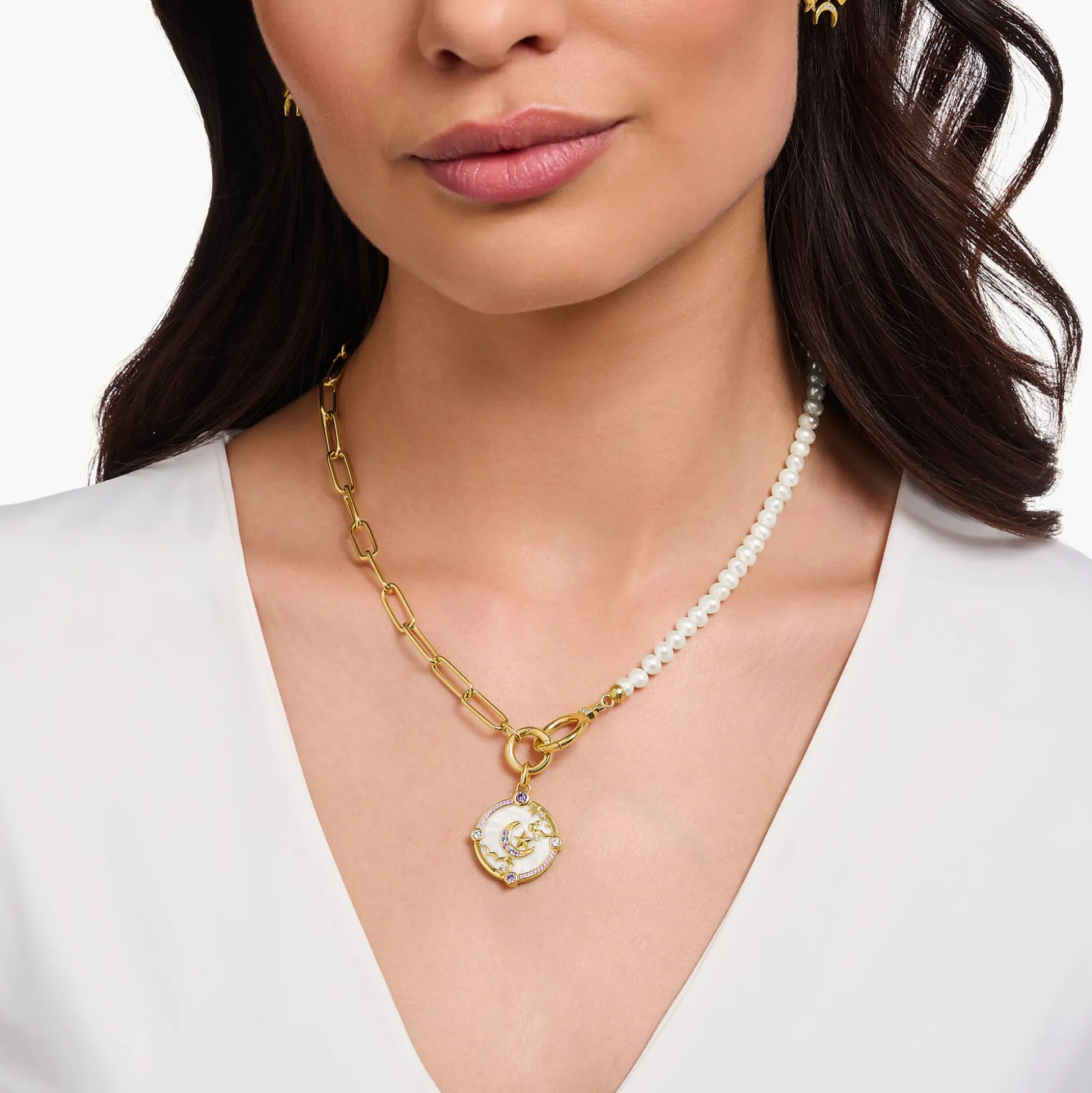New Petit pendentif avec croissant de lune et pierres multicolores plaqué or Femme Pendentifs|Placage Or 18 Carats - Argent 925