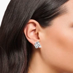 Best Sale Petits clous d’oreilles avec quatre zircons blancs argent Femme Boucles D'oreilles|Clous D'oreilles